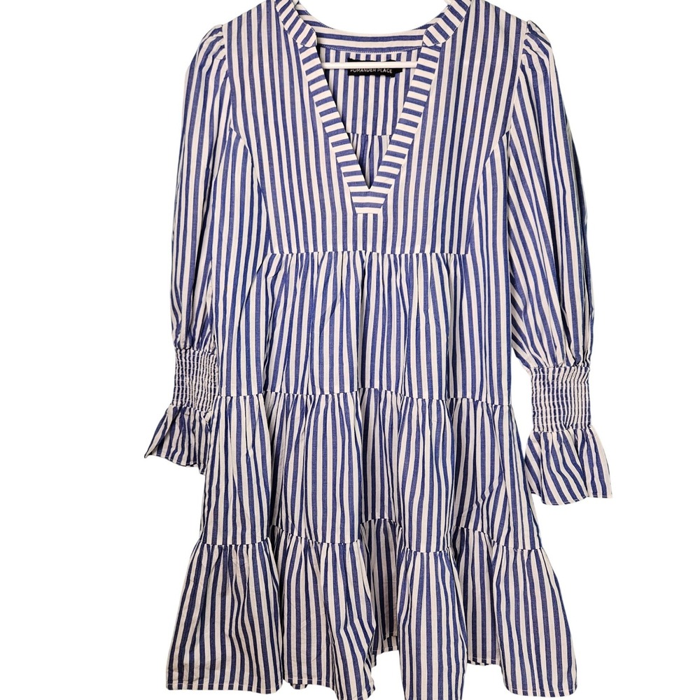 Pomander Place Blue White Striped Tiered Mini Dress V-Neck Smocked Cuffs XS Boho